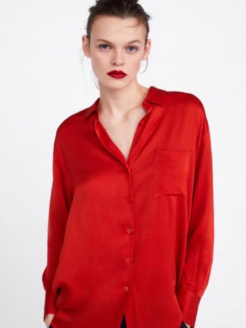 Zara Red Satin Button-Down Blouse SM